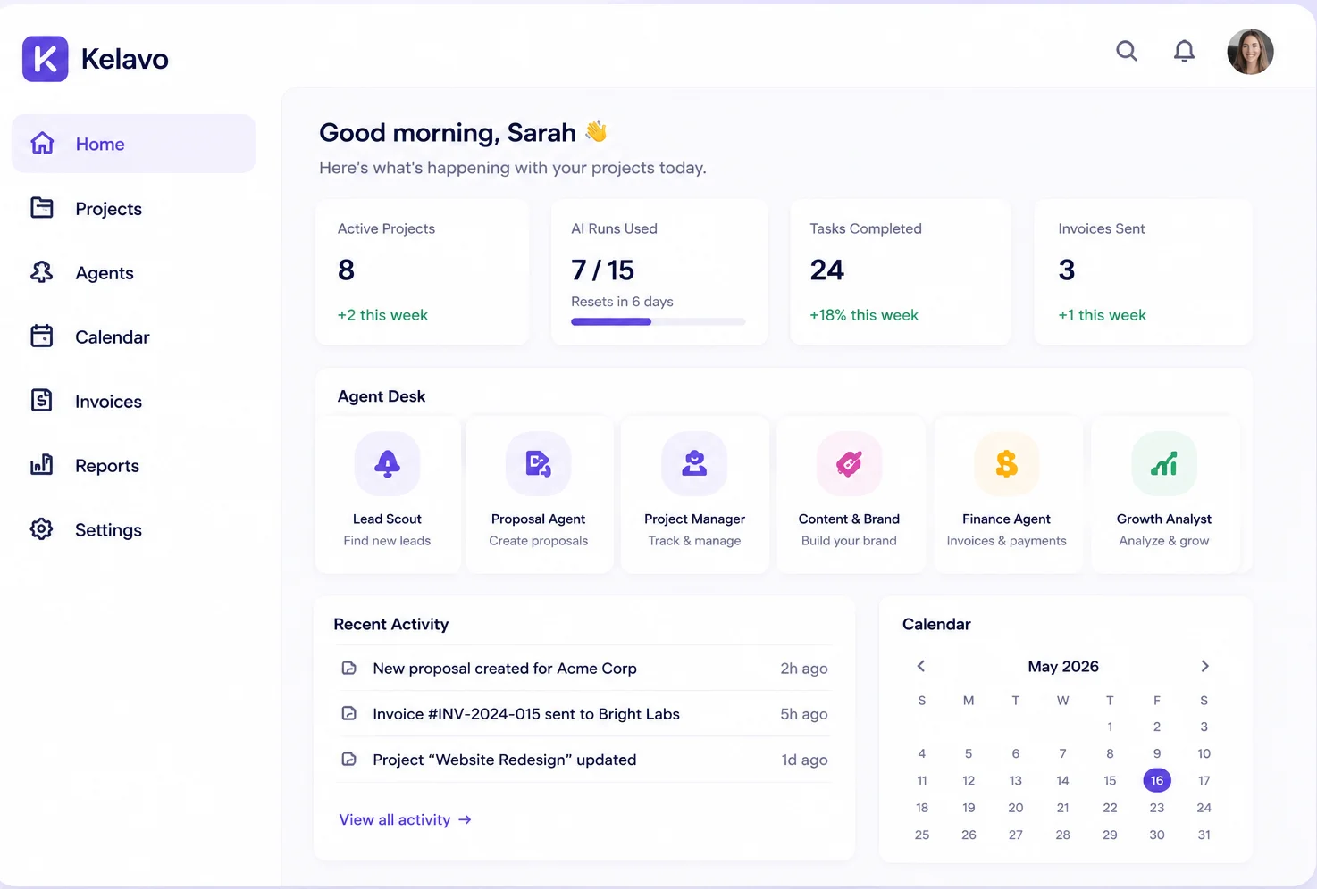Kelavo dashboard showing the agent desk, recent activity and calendar